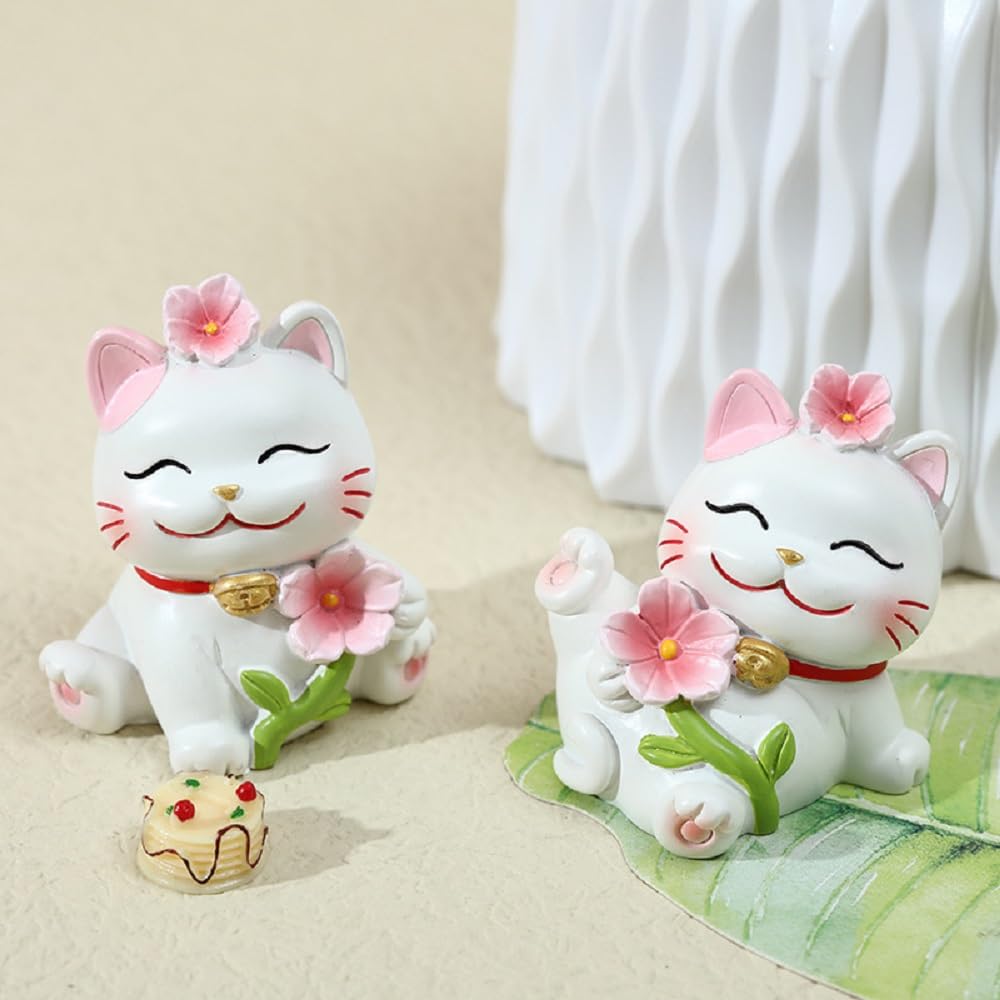 Siawadeky Cat Set of Cute Beckoning Cat with Cherry Blossom Miniature Realistic Kitten Lucky Micro Atmospheric Tabletop Get Well Popular Gifts for