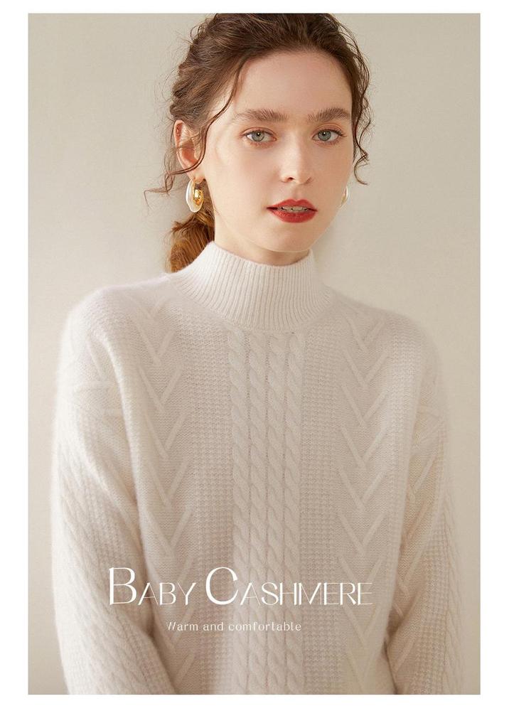 Women's Cashmere Cable Knit Sweater - Half-High Collar, Thick, Loose Fit, Solid Color, Perfect for Autumn/Winter