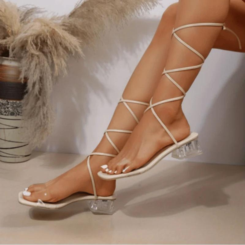 Women's Strapping Sandals High Heels Square Heels Caligae 2024 Elegant Woman Heeled Shoes