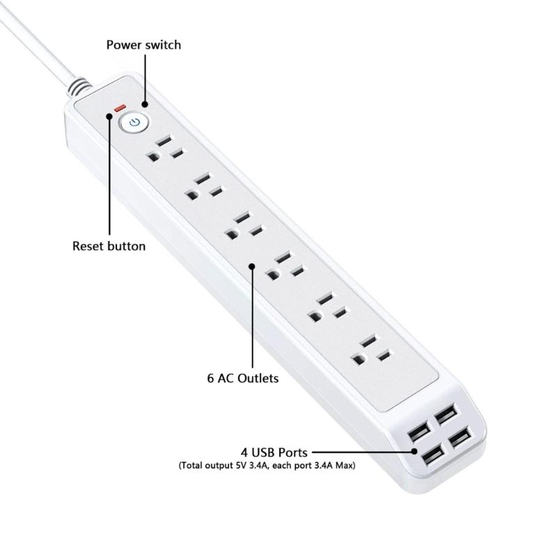 6 Way Power Socket Overloads Proof Flame Retardant 6 Outlets American Outlets and 4 USB A Plug Board for Home Office