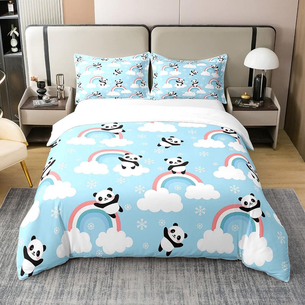 Husă de plapumă 3D Panda Mărime Queen Husă de plapumă drăguță cu panda Set de lenjerie de pat cu bambus Husă de plapumă pentru copii băieți fete adolescenți 3 piese