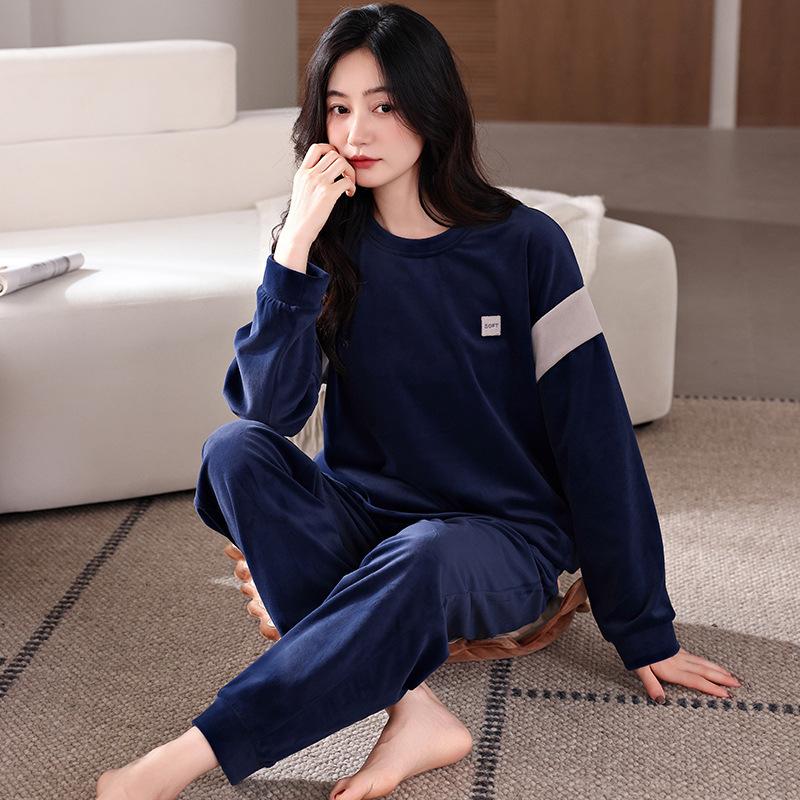 Island Fleece Pajamas Women'S Autumn And Winter Thin Fleece Round Neck Pullover Coral Fleece Loungewear Spring And Autumn Large Size Warm Suit