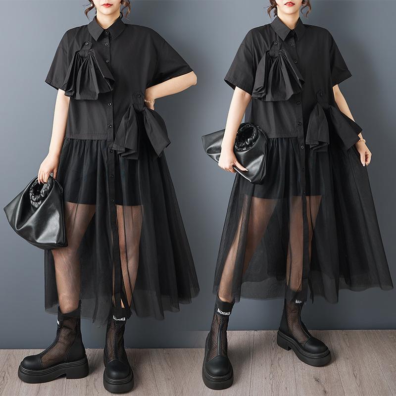 Summer Plus Size Mesh Splice Casual Short-Sleeve Dress Large Free Size