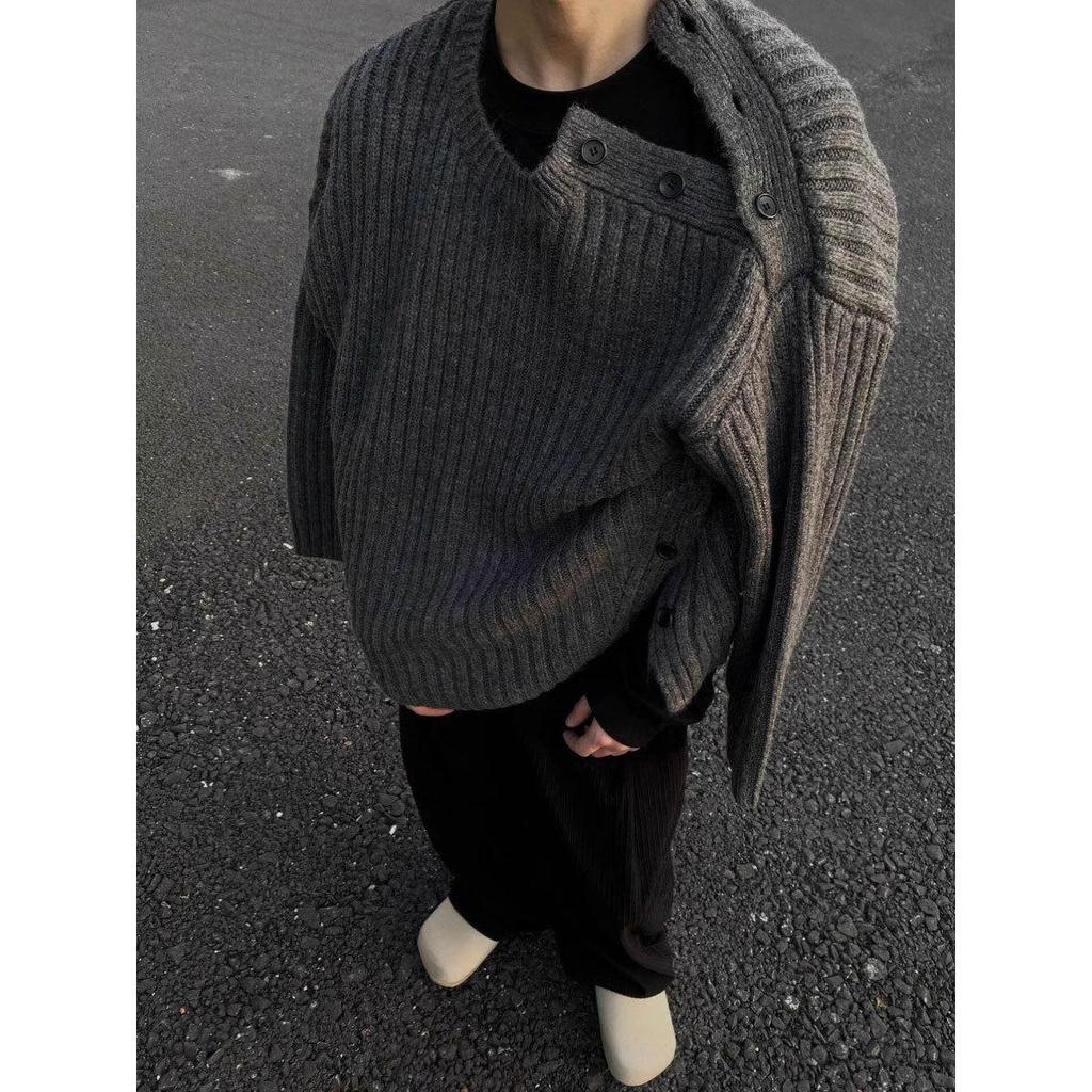 Heren geknoopte ronde hals donkergrijze trui - herfst/winter niche design gebreide jas