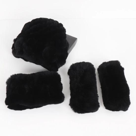 New Winter 3 Pieces Knitted Real Rex Rabbit Fur Hat Scarf Gloves Sets Women Natural Rex Rabbit Fur Warm Cap Scarves Mittens
