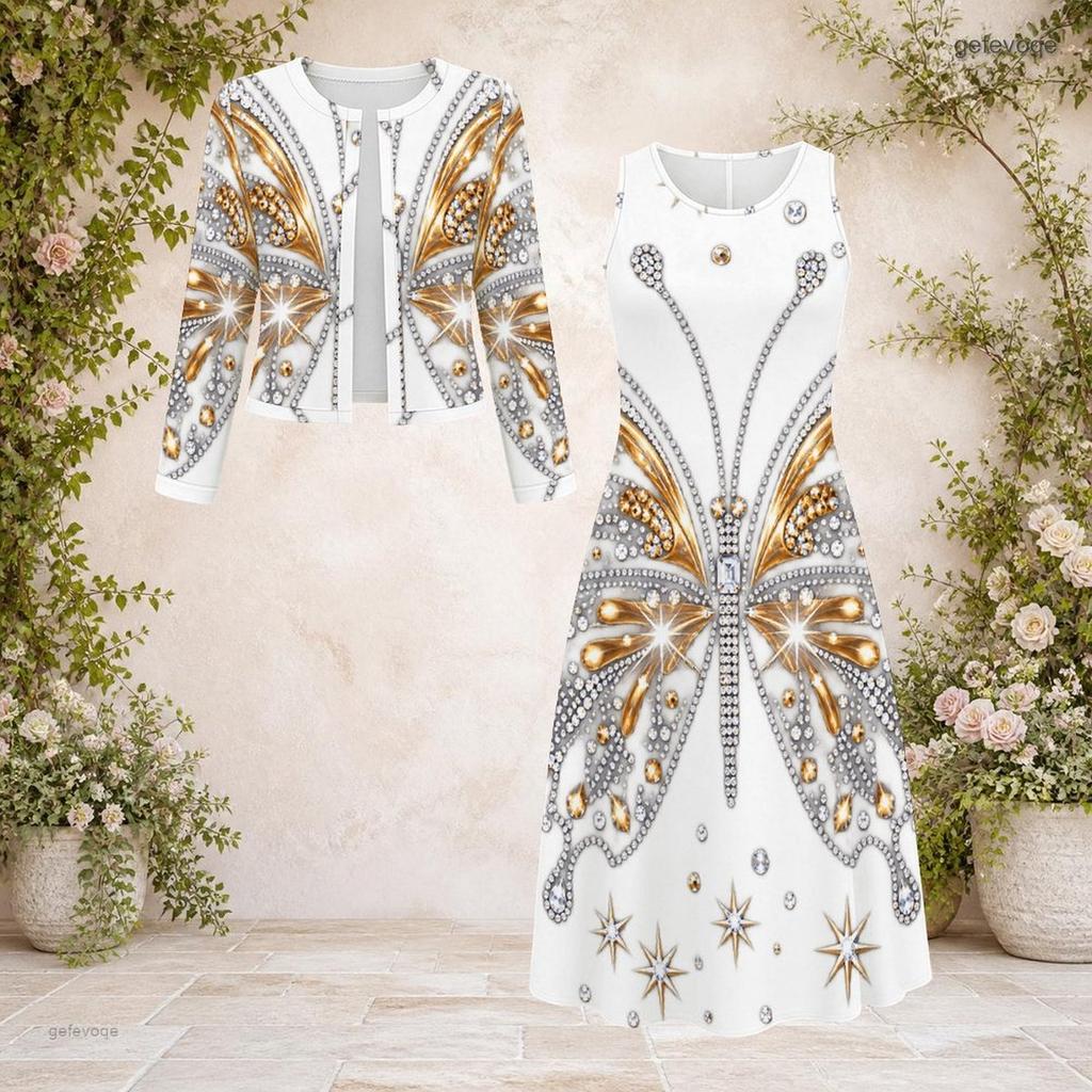 Women Plus Size 2 Piece Printed Dress Set Round Neck Long Sleeve Cardigan Sleeveless Black Blue Dress