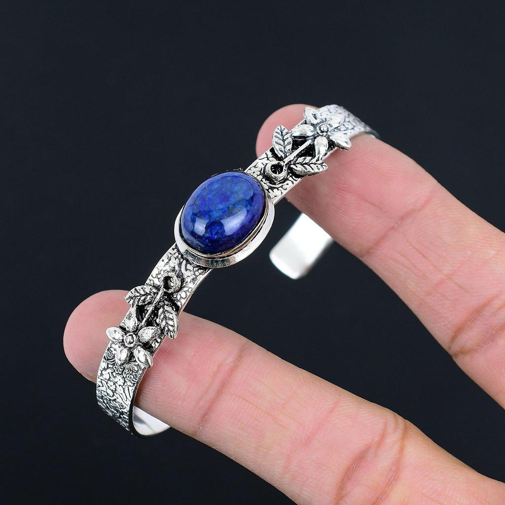 925 Silver Oval Lapis Lazuli Stone Flower Elegant Birthday Wife Bangle Jewelry