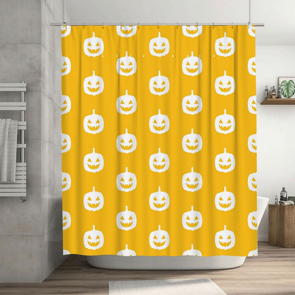 Yellow Halloween Pumpkin Print Shower Curtain Decoration Bathroom Accessories Set for Home Decor White Ghosts Jack-O-Lanterns De