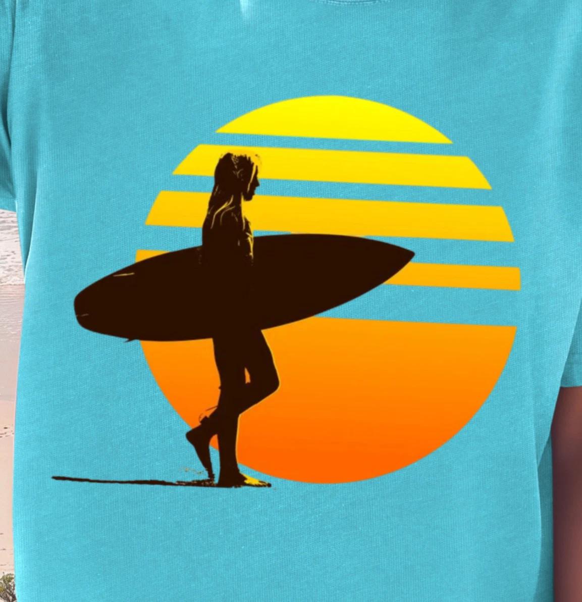 Sunset Surf Silhouette T-Shirt, Surfer Sunset Tee, Surf Vibes Shirt, Beachwear S