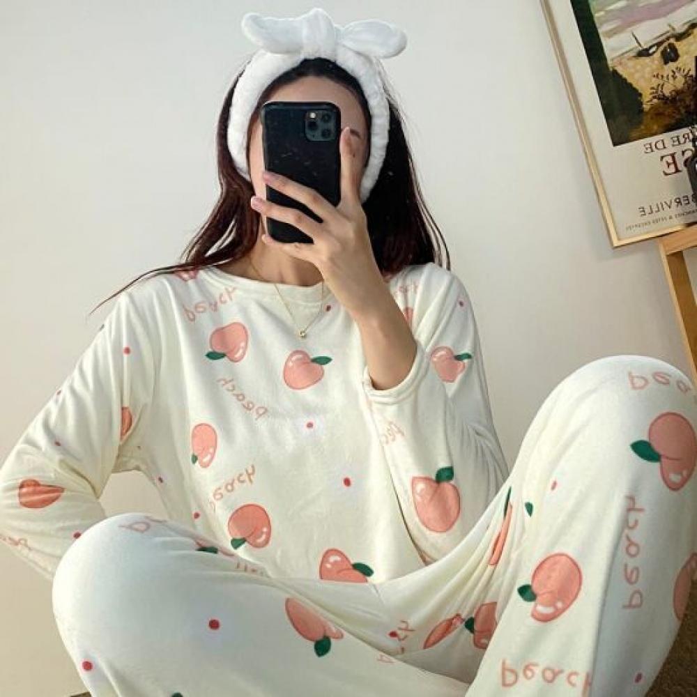 Mizqz Women Peach Flower Sleepwear Microfiber Winter Pajama