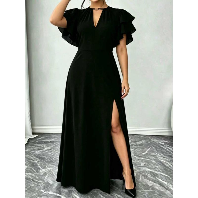 Plus Size Women Summer V Neck Ruffle Sleeve Waisted Slit Solid Midi Dress