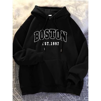 Men's Autumn and Winter Casual Fashion Loose Plus Size Boston 1997 Print Fleece Warm Long Sleeved Hooded Sweatshirt
