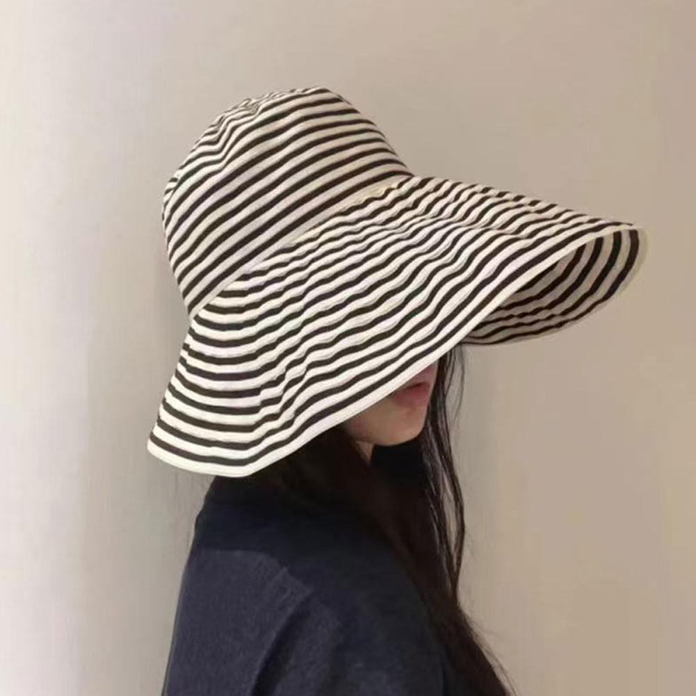 2025Simple Foldable Summer Striped Fisherman's Hat Fashionable Vacation Beach Hat Brimmed Wide G0U7