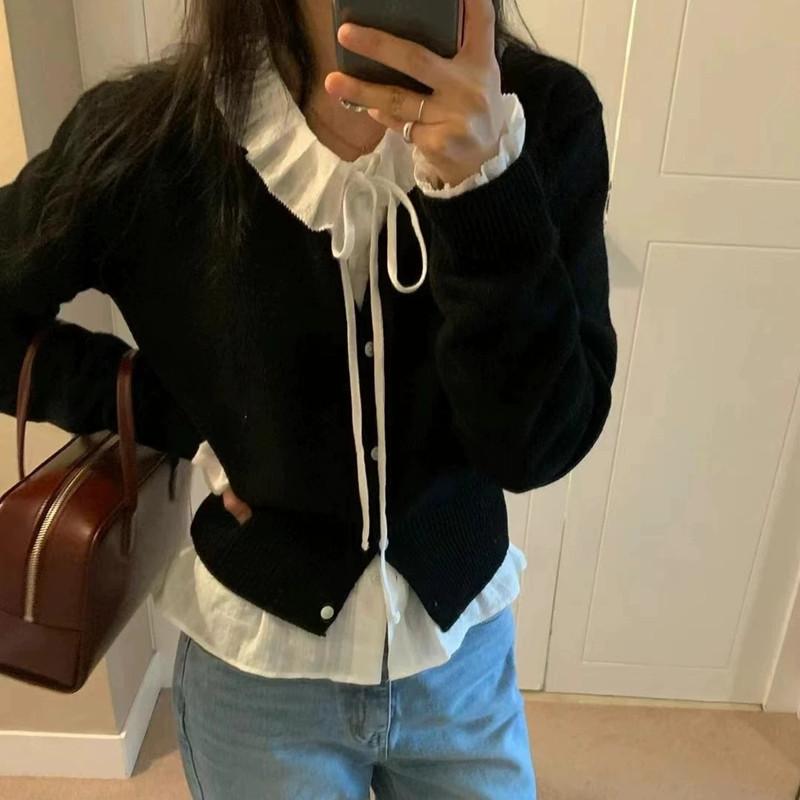 Korean V Neck Cropped Knit Cardigan Women Coat Spring Autumn Solid Color Elegant Slimming Top