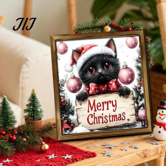 Placa de Boas-Vindas de Natal para Porta da Frente Placa Vintage, Boneco de Neve Papai Noel Gato Preto Decoração de Madeira Fofa Arte de Parede Sala de Estar Corredor, Feriado