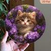 1pc Round Aluminum Metal Wall Sign Retro Kitten Purple Floral Waterproof Pet Lover Decor