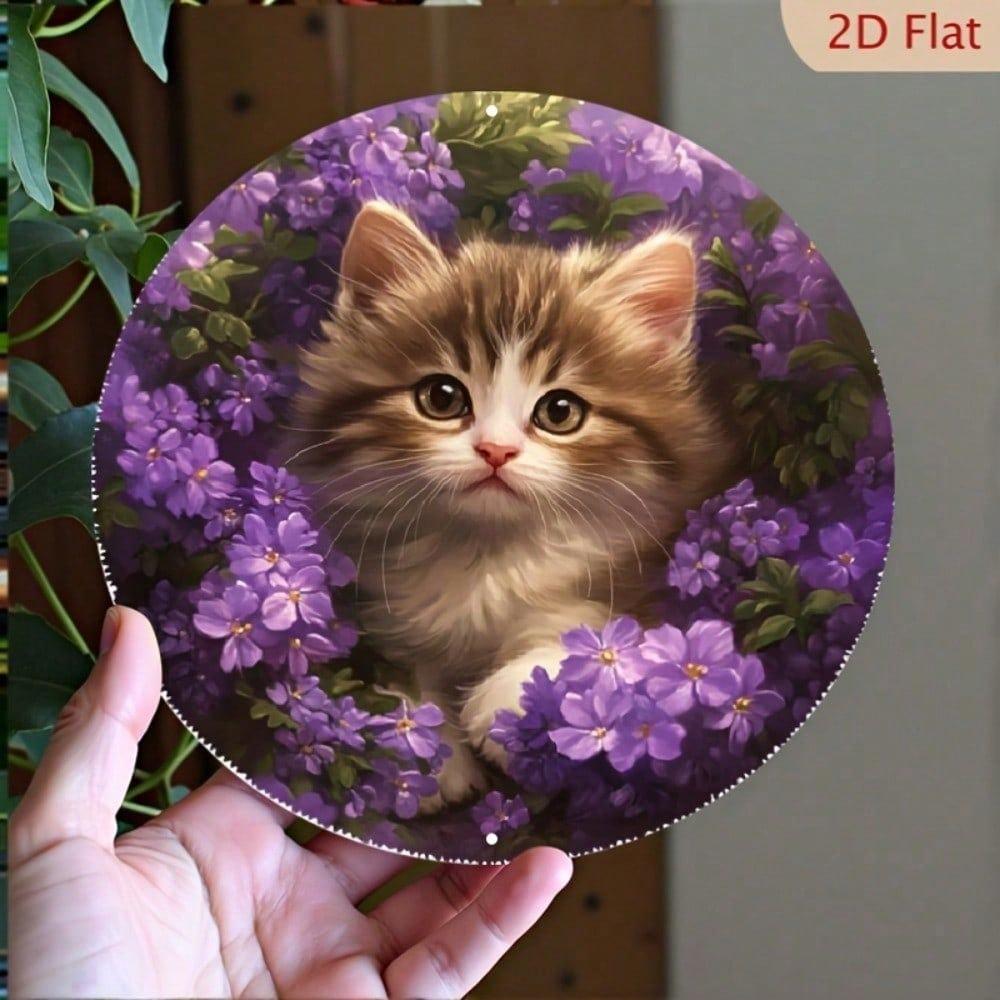 1pc Round Aluminum Metal Wall Sign Retro Kitten Purple Floral Waterproof Pet Lover Decor