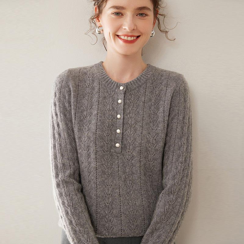 Women's Pure Cashmere Thickened Hollow Round Neck Sweater – Long Sleeve, Warm Knitwear for Autumn and Winter