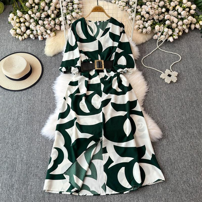 Stil franțuzesc, vară lungă, îmbrăcăminte nouă pentru femei, textura de înaltă calitate, rochie rafinată cu decolteu în V