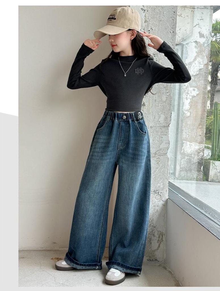 2025 Girls' Trendy Denim Wide-Leg Pants - Spring/Autumn Style, Long Straight-Leg for Big Girls