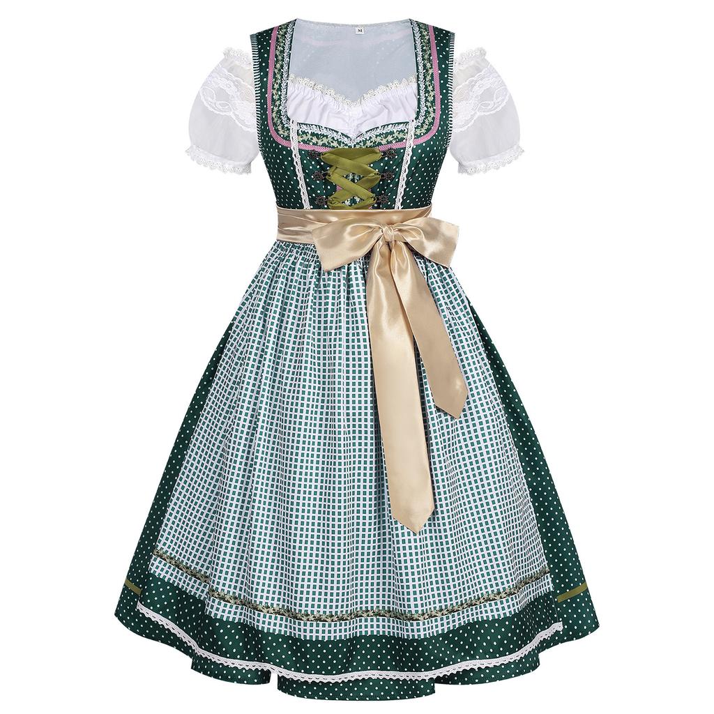 Retro Plaid Bavarian Oktoberfest Dress, Waisted Long Dress Halloween Party Cosplay