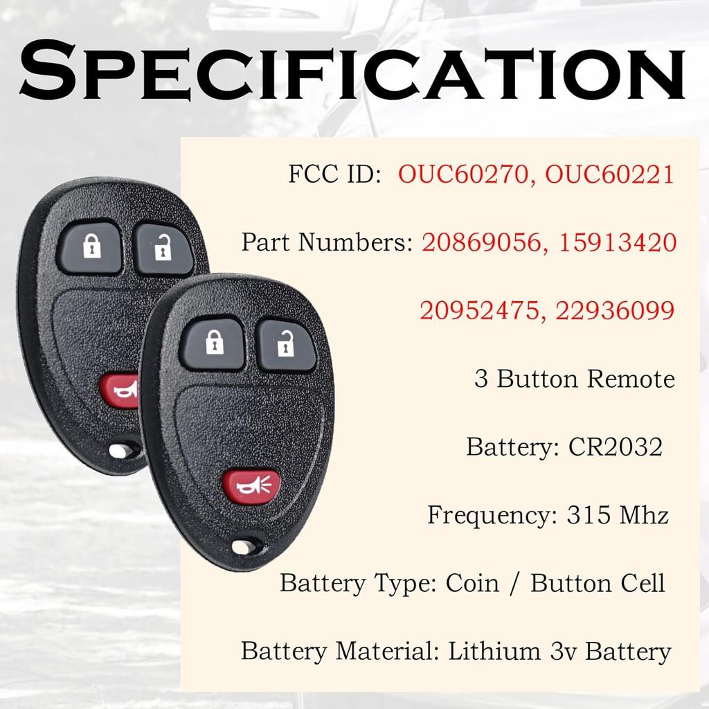 Remote Key Fob Replacement Fits for Chevy Silverado 1500 2500 Tahoe Suburban Avalanche Equinox GMC Sierra Acadia Yukon XL 2007 2008 2009 2010