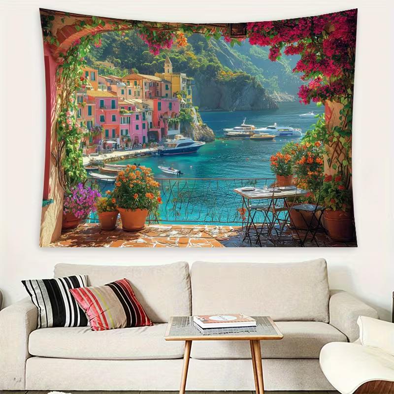 2D Italian Portofino Coastal Town Backdrop, Seaside Balcony Scenery Photography Background Cloth for Studio & Wall Decoration