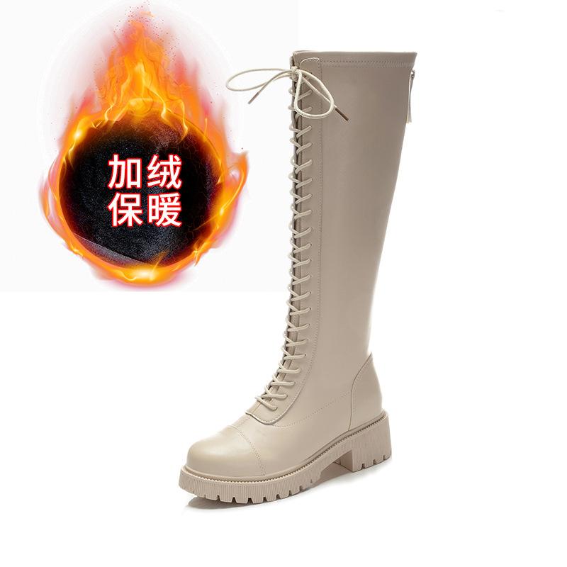 Leather Knight Boots Winter 2025 Tall Casual Boots British Coarse Heel Fleece Warm Boots 40