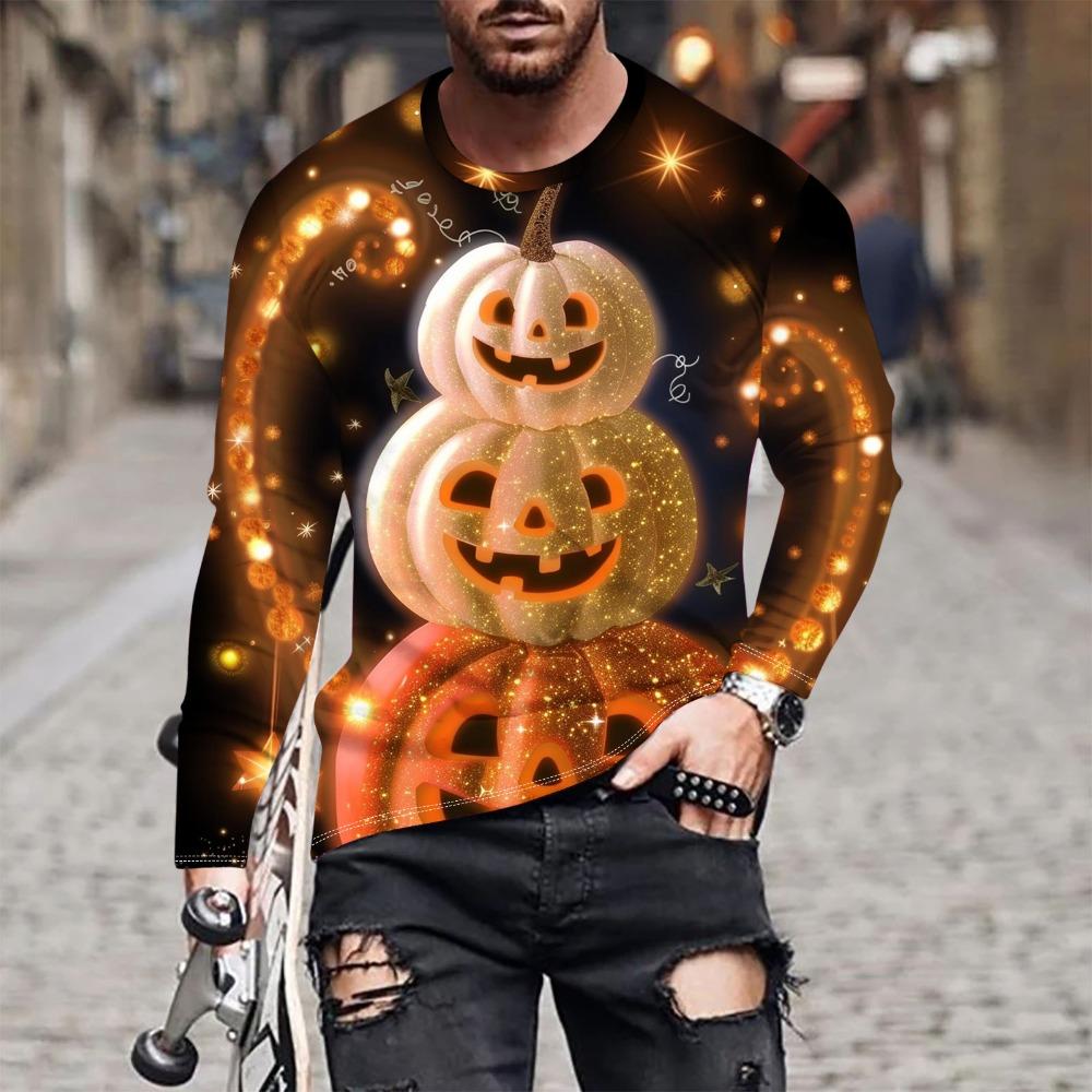 Fashion Men's Pumpkin Ghost 3D Printed T-shirt Comfortable Soft Breathable Loose Large Casual Sports Versatile Round Neck Long Sleeve T-shirt