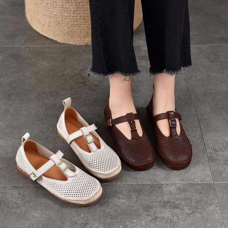 Johnature Retro Genuine Leather Soft Soled Hollow-out Sandals Round Toe Belt Buckle Flat Women's Shoes