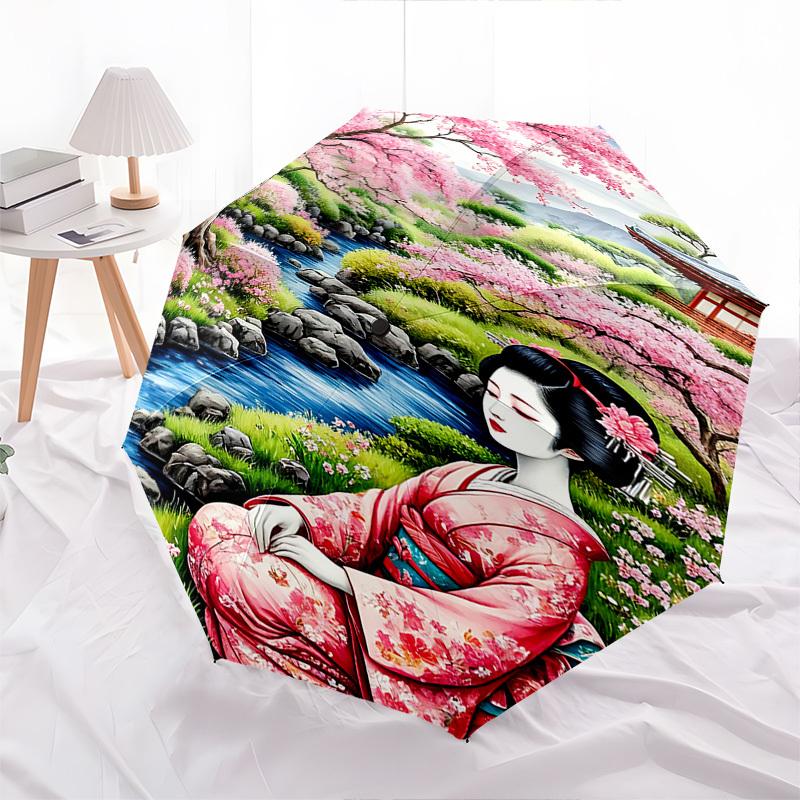 Cherry Blossom Garden, Traditional Kimono Themed Automatic Opening and Closing Umbrella, Brightly Colored 8 rib Portable Umbrella, Suitable