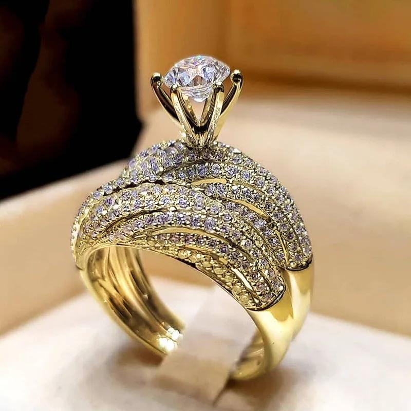 European and American 2-piece Luxury Wedding New Style Trendy Geometric High-end Design Ring Personalized Elegant Zircon