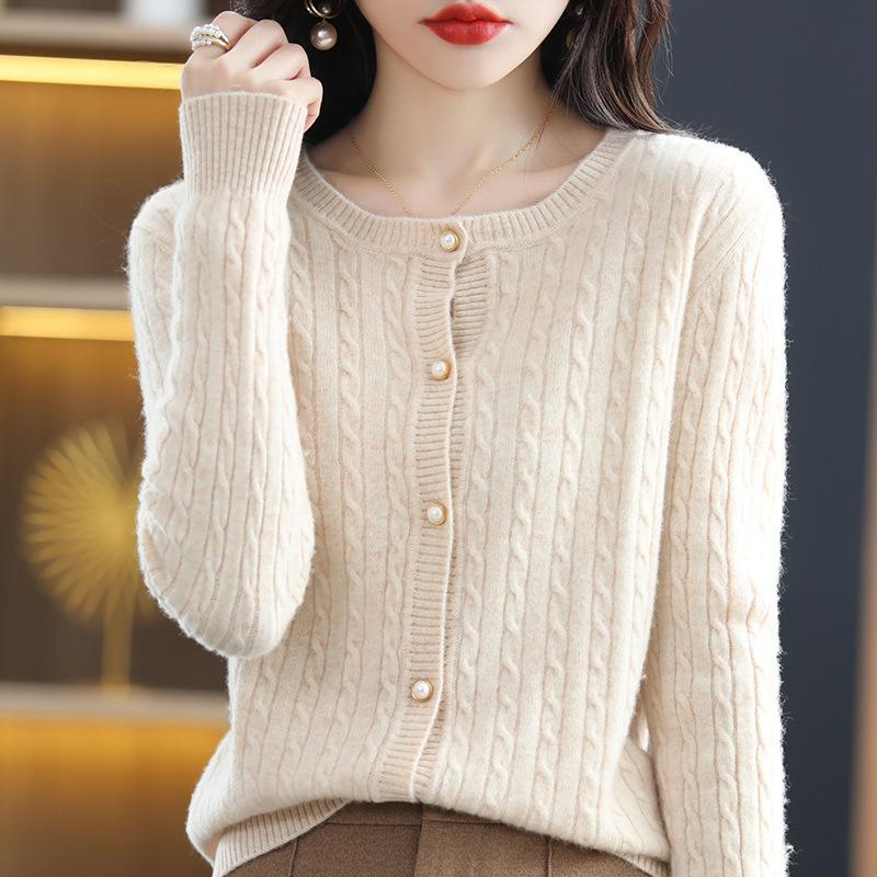 Spring and Autumn Cardigan Women's Crew Neck Twist Knitted Loose Versatile Solid Color Breasted Sweater Jacket