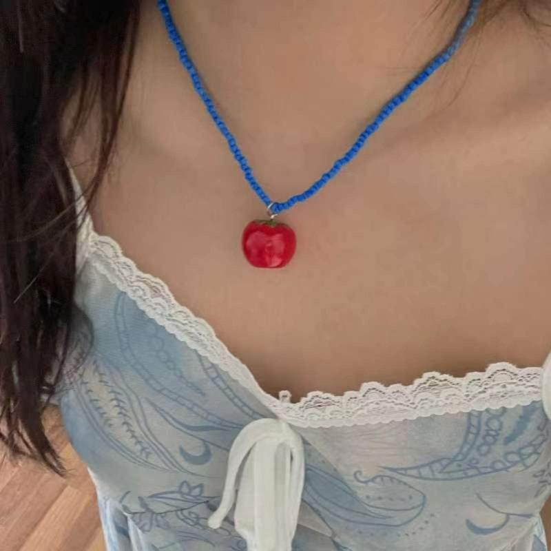 Colorful Resin Tomato Pendant Necklace Bohemian Style Beaded Choker Unique Gift Adjustable Length Tomato Necklace Chain