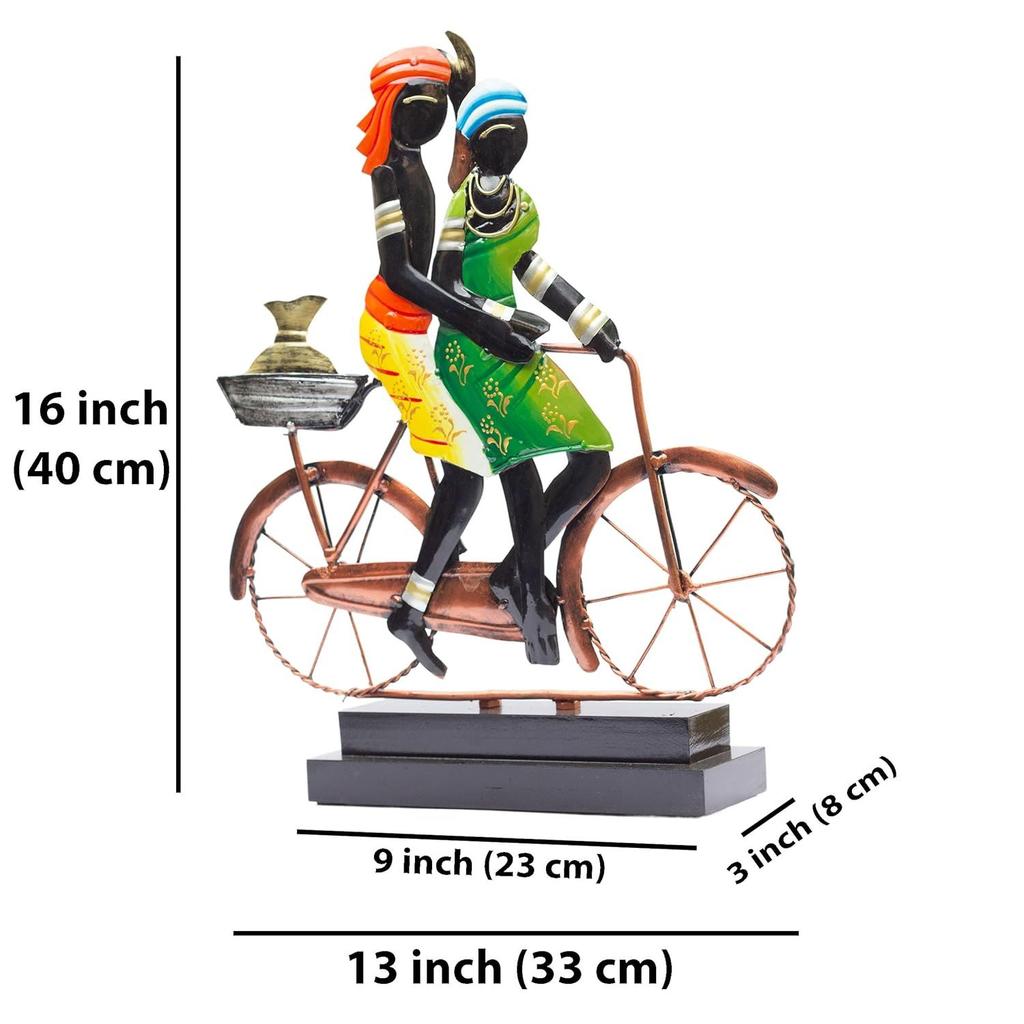 Handcrafted Ethnic Tribal Bicycle Couple Showpiece - 16x13 Inch Tribal Home Décor with Wooden Base for Housewarming, Anniversaries