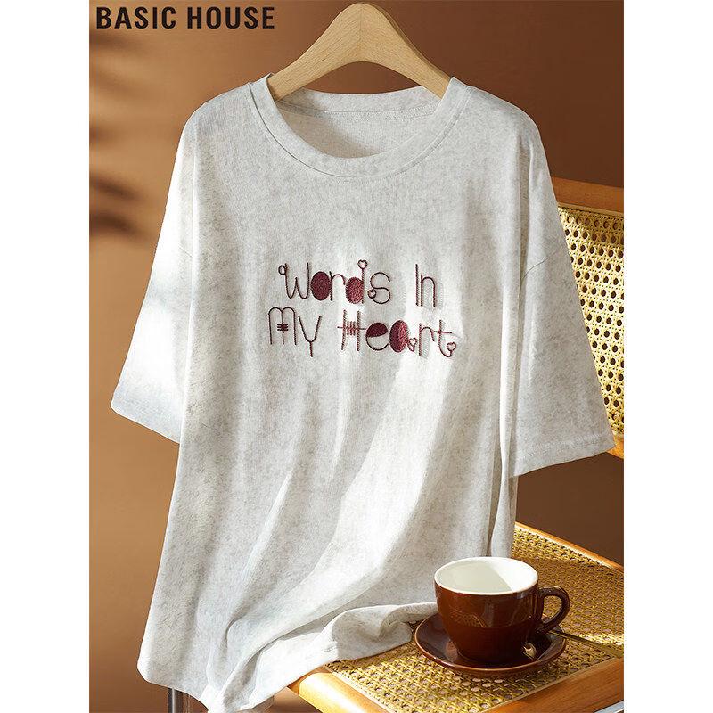 Basic House Women s Letter Embroidered Cotton T-Shirt One Size