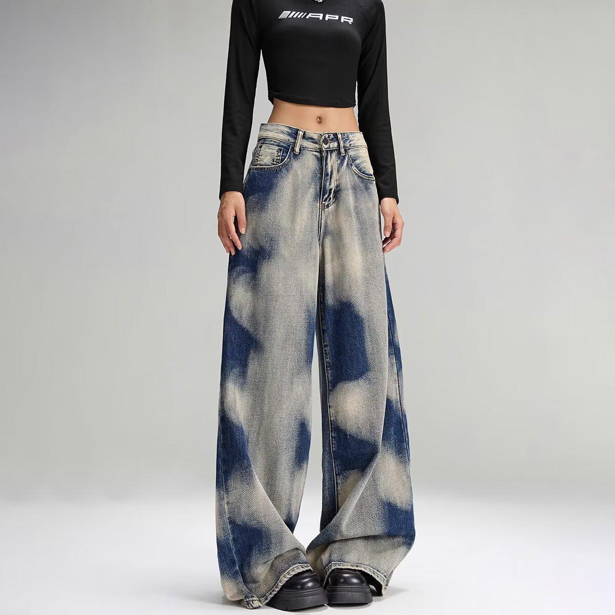 

European and American High Street Women s Tie-Dye Wide-Leg Hiphop Pants - Retro, Loose-Fit Design S светло-синий