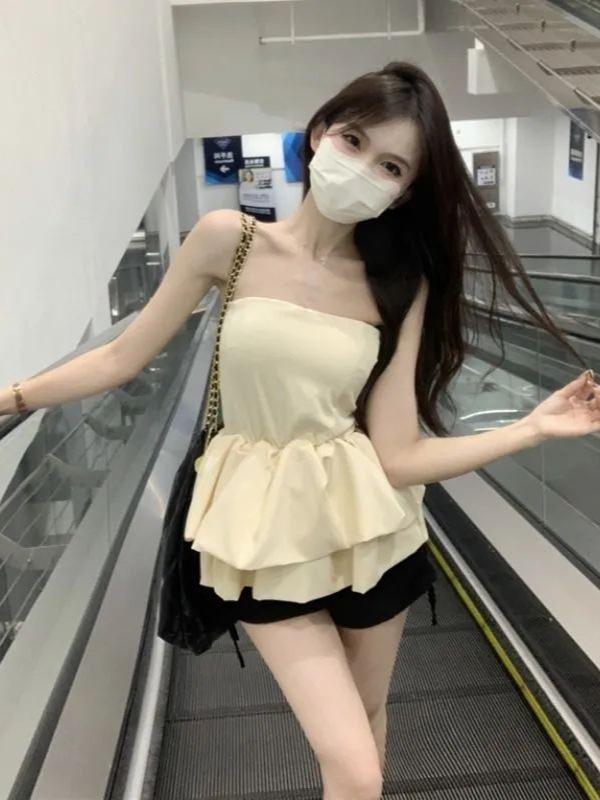 Elegant Off-Shoulder Milky Sweet Puffy Camisole Top