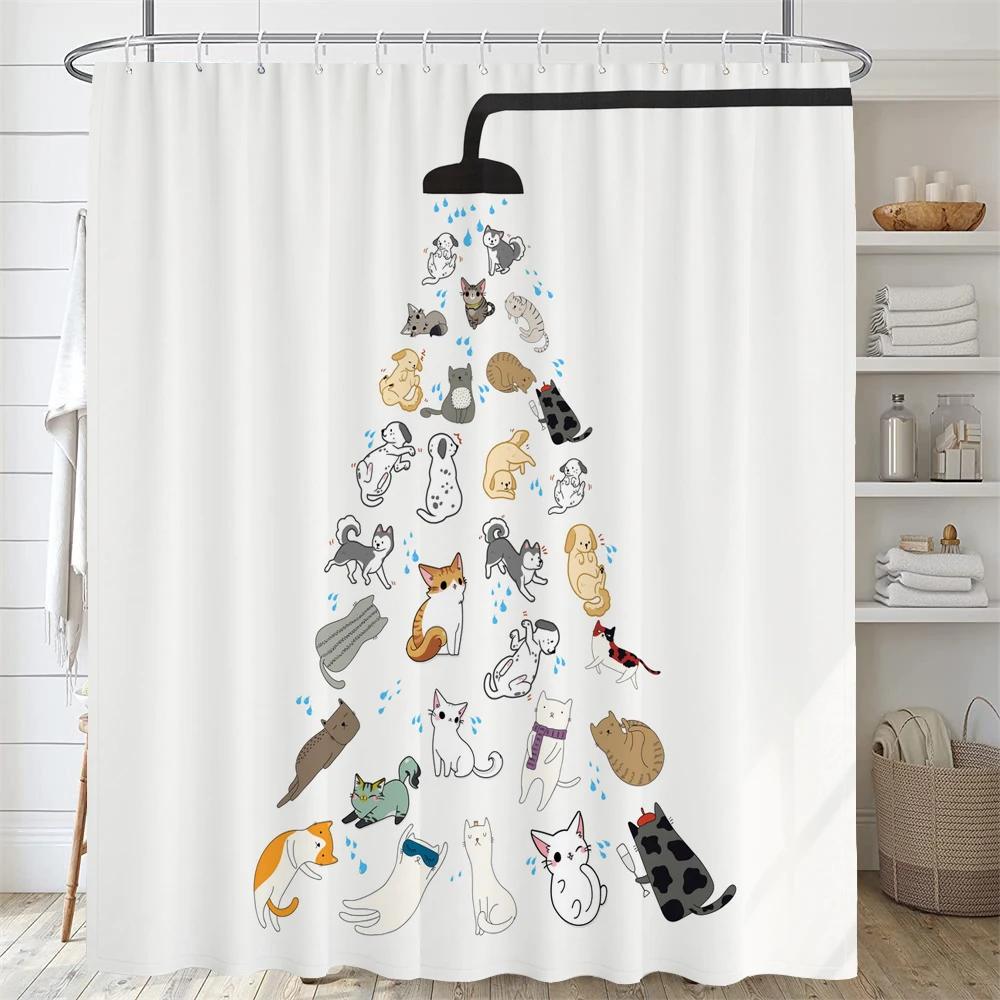 Cartoon Animal Shower Curtain Cute Cat and Dog Bath curtain with Hooks, Waterproof Shower Curtain, Shower Curtains for Bathroom