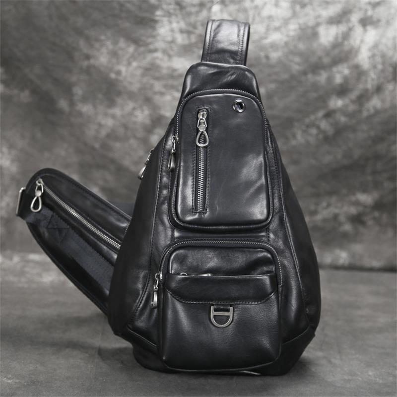 Genuine Leather Men Bag Chest Bag Single Shoulder Bag Leather Chest Pack Riding Bag Sports For Man Male Black Chest Backpack Bag