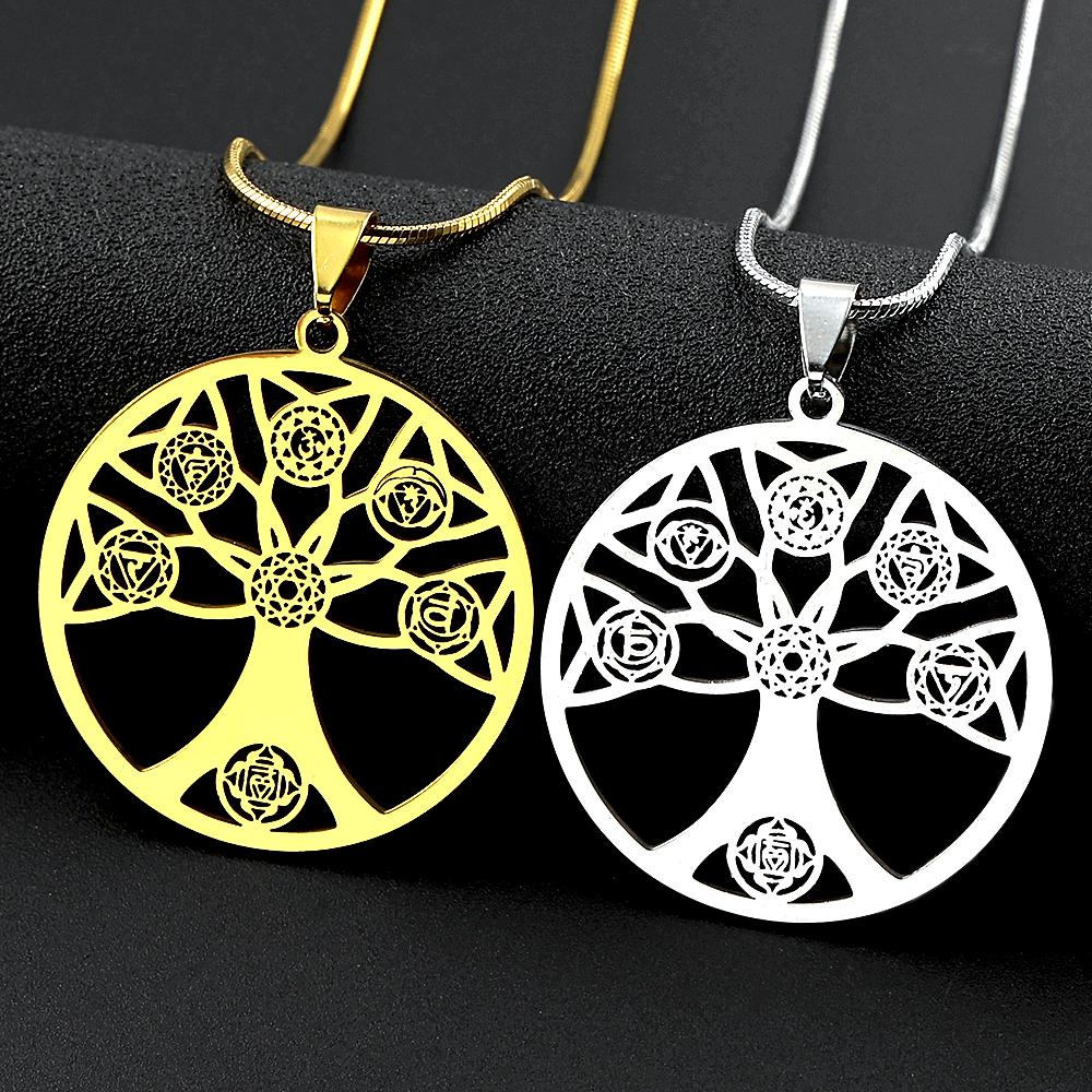 Yoga Hollow Tree of Life 7 Chakras Pendant Necklace for Women Men Stainless Steel Sacred Geometry Reiki Healing Chain Jewelry
