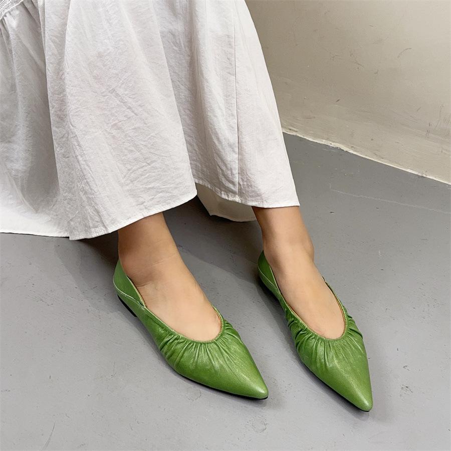 Johnature Faltige Rindsleder Spitzschuh Temperament Damenschuhe Echtes Leder Weiche Sohle Vielseitige flache Schuhe