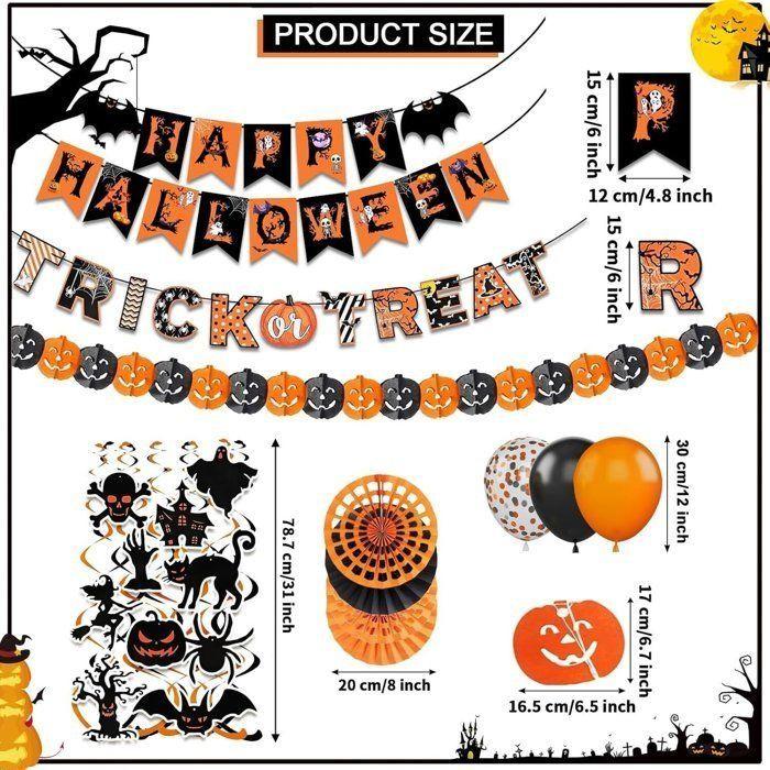Kit de décoration Halloween - AIMOONSA - 47 pièces - 4 éventails papier - 10 spirales métalliques - 30 ballons