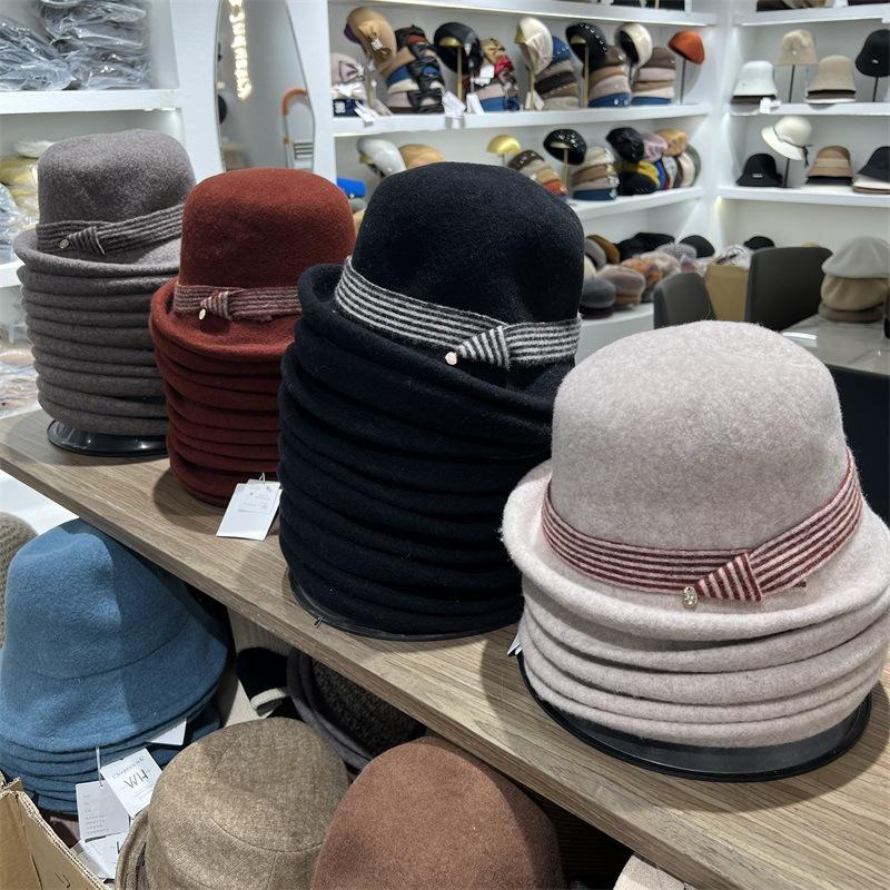 

Retro striped webbing wool front upturned basin hat women s autumn and winter warm literary and casual bucket hat M（56-58cm） бежевий