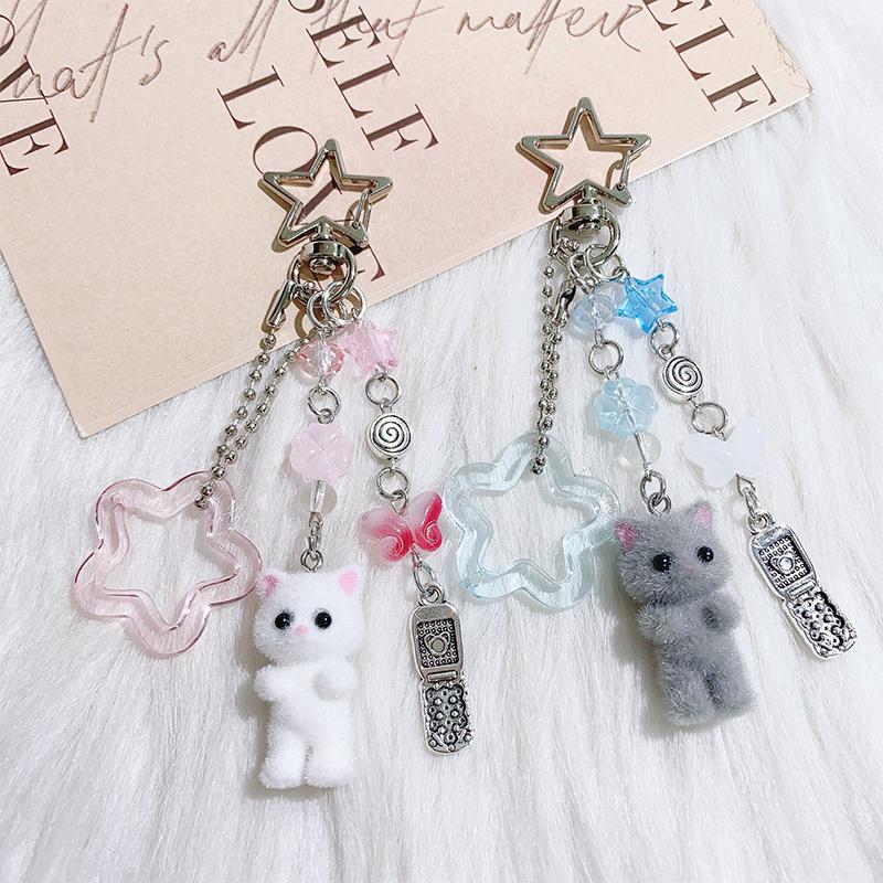 Creative Cute Flocked Kitten Strawberry Pendant Keychain Sweet Animal Keyring Backpack Decoration Accessories Best Friend Gifts
