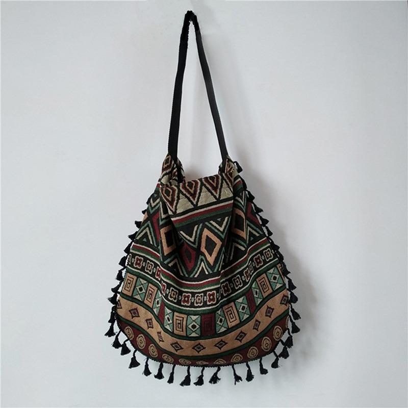 Women'S Canvas Bag Ethnic Style Shoulder Bag Cotton Linen Handbags Fashion Fringed Shoulder Bag Literary Style Large Capacity Handbags