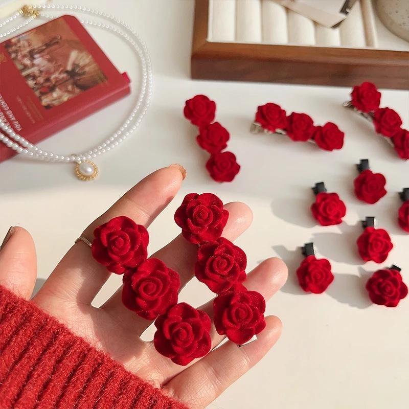 1PC Korean Red Velvet Rose Hair Clips For Women Small Flower Hairpins Girls Elegant Hair Clip Pin Barrettes Wedding Hair Accessories