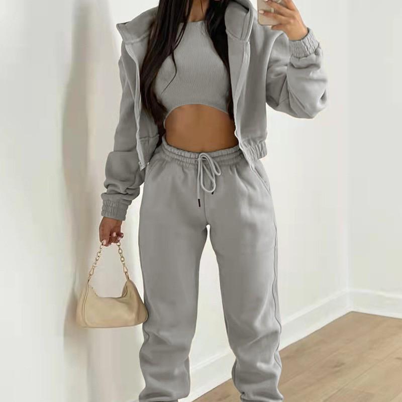Vêtements Mode Femme Combinaison de Sport Décontractée Polyvalente Velours à Capuche Ensemble Trois Pièces