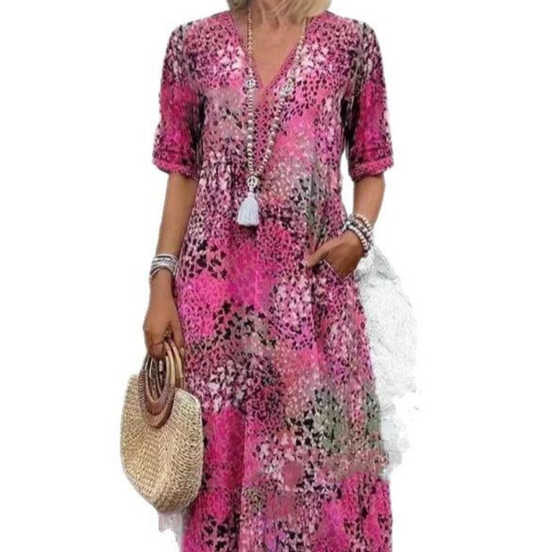 Women's Fashion Printed Lace Encrusted V-Neck Short Sleeve Dresses