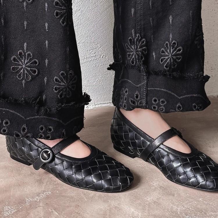 Sheepskin~ French Retro Woven Word with Mary Jane Shoes Women's Leather Shallow Mouth Flat Sole Shoes Versatile Ballet Shoes